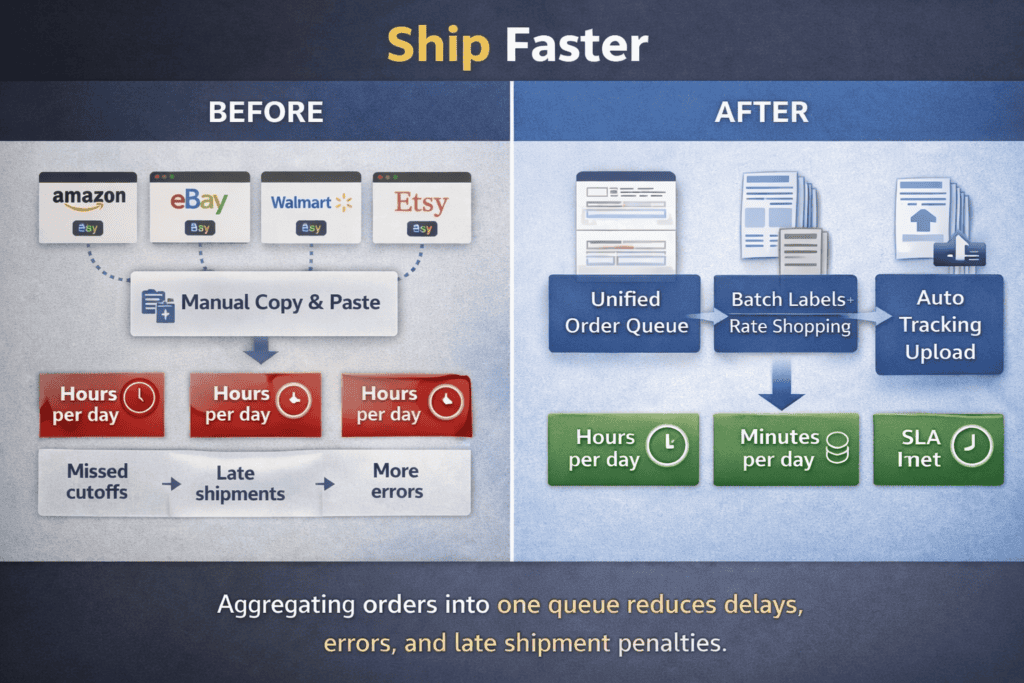 Before-and-after diagram showing how centralized order management reduces processing time and late shipments
