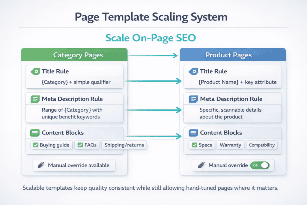 Template board showing scalable rules for titles, meta descriptions, and content blocks across many products and categories