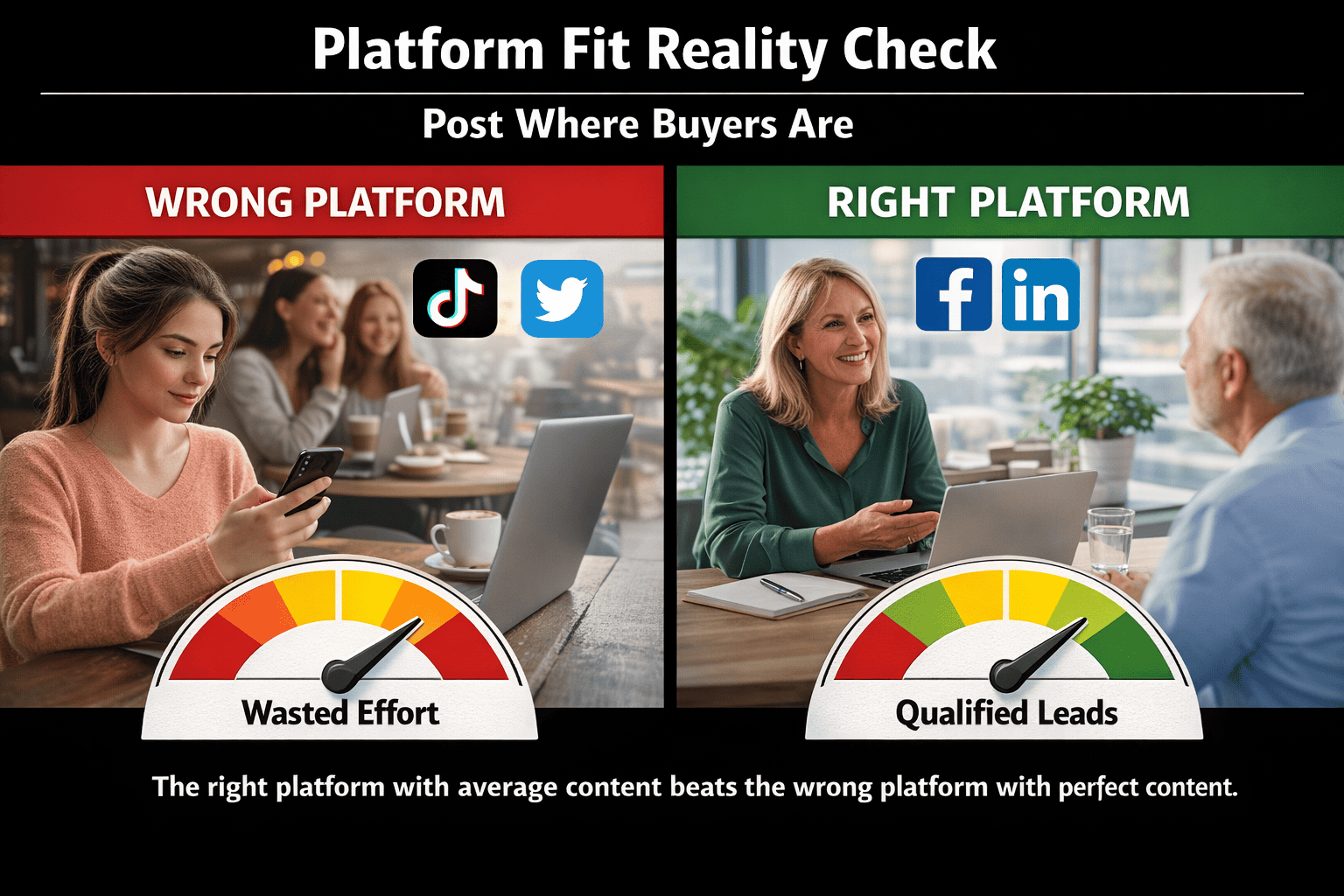 Split-screen graphic showing the difference between posting on the wrong platform and choosing the platform where customers actually spend time