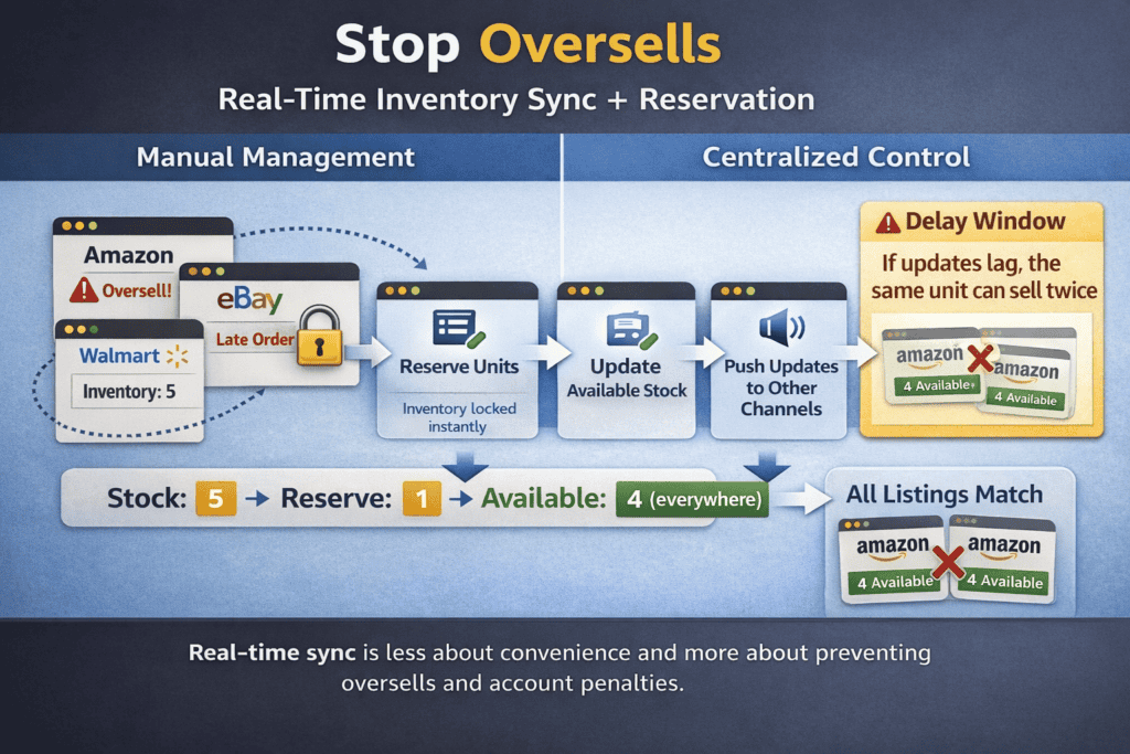 Flow diagram showing inventory reservation and real-time stock updates across marketplaces to prevent overselling