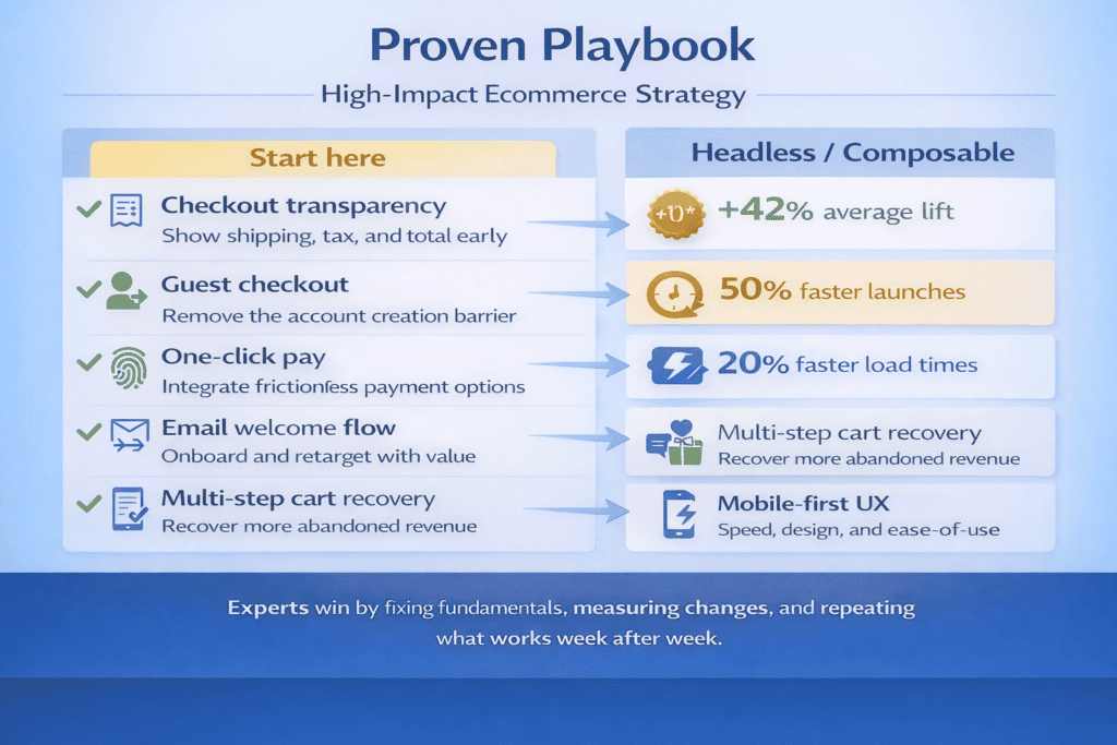 Checklist infographic showing proven ecommerce strategies including checkout improvements, email flows, reviews, mobile UX, and retention tactics
