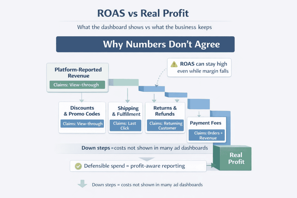 Waterfall chart showing reported revenue stepping down through discounts, shipping, returns, and fees to reveal real profit