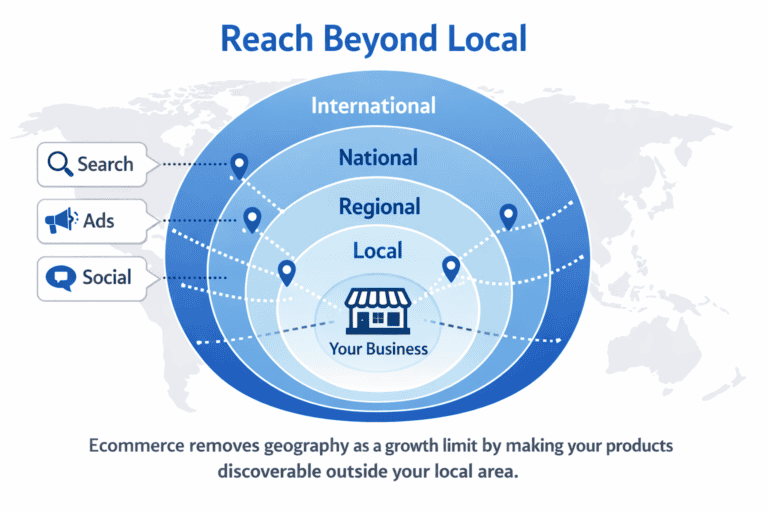 Map graphic showing a business expanding customer reach from local to wider regions through online discovery