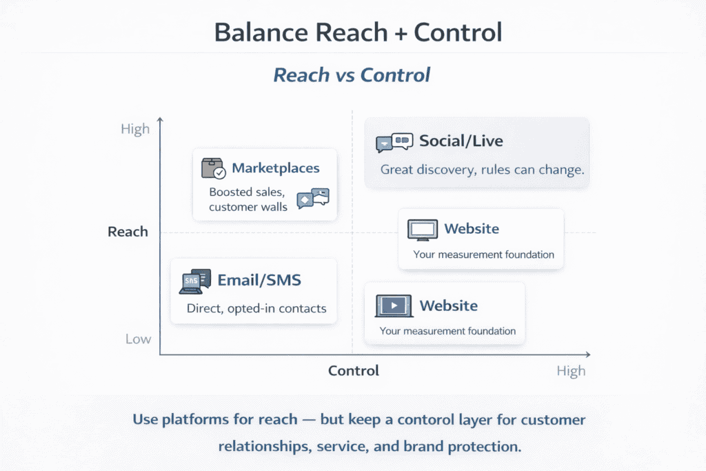 Two-by-two matrix showing reach versus control with website, email or sms, marketplaces, and social or live channels placed in different quadrants
