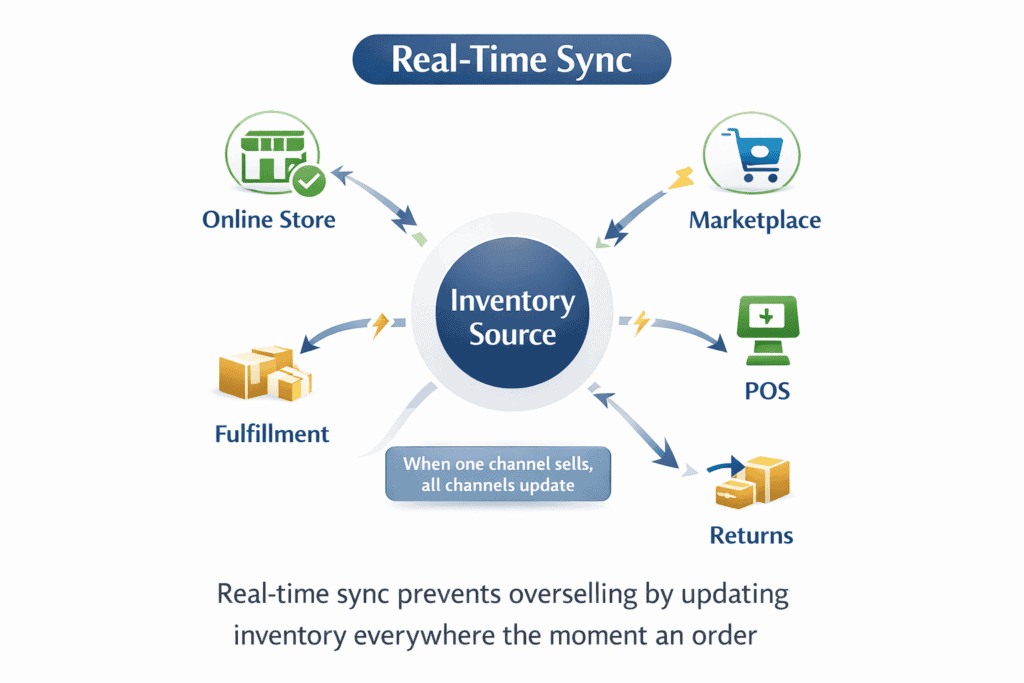 Hub diagram showing a central inventory source syncing stock to multiple sales channels and fulfillment
