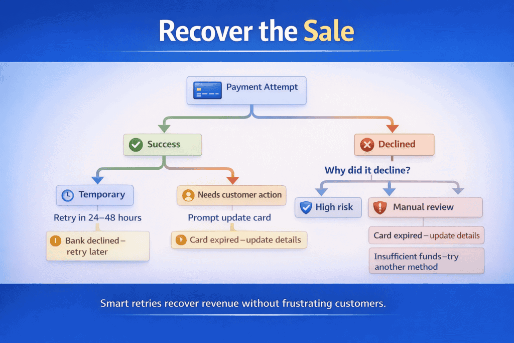 Decision tree showing how payment failures are handled with smart retries and customer prompts