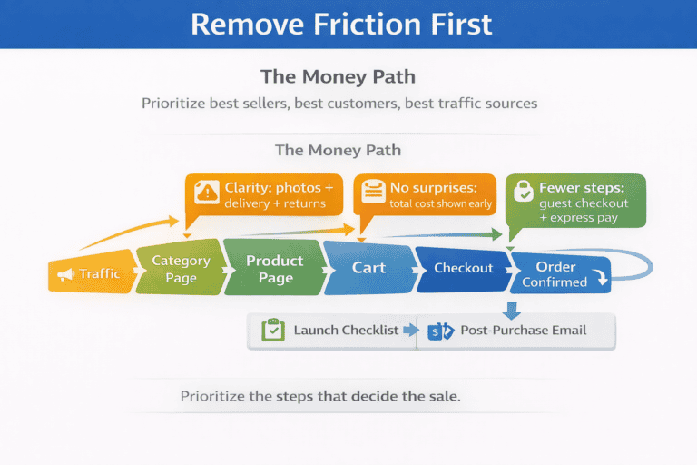 Funnel showing the ecommerce customer path from browsing to checkout to repeat purchase File Name: ecommerce-money-path-funnel