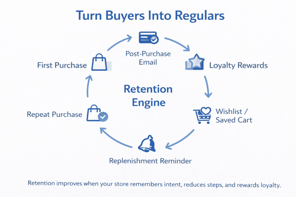 Loop diagram showing how email, loyalty, and saved carts drive repeat purchases after a first order File Name: repeat-buying-retention-loop