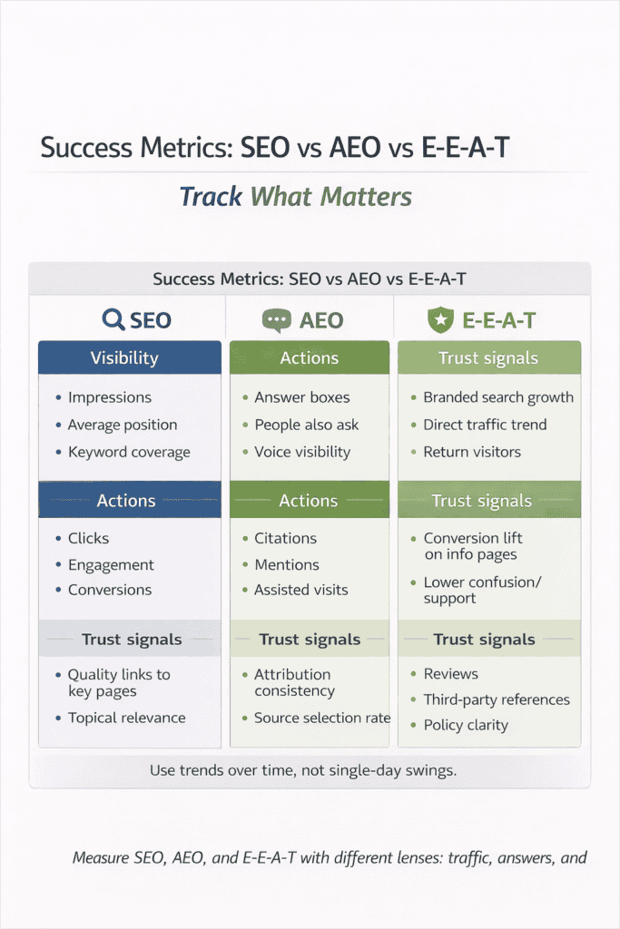 Scorecard comparing measurement metrics for SEO, AEO, and E-E-A-T across visibility, actions, and trust signals