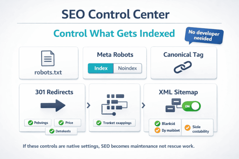 Dashboard-style graphic showing core SEO controls for robots rules, indexing settings, canonicals, redirects, and sitemaps