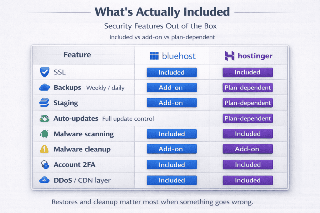 Matrix table comparing included and plan-dependent security and backup features offered by two web hosting services