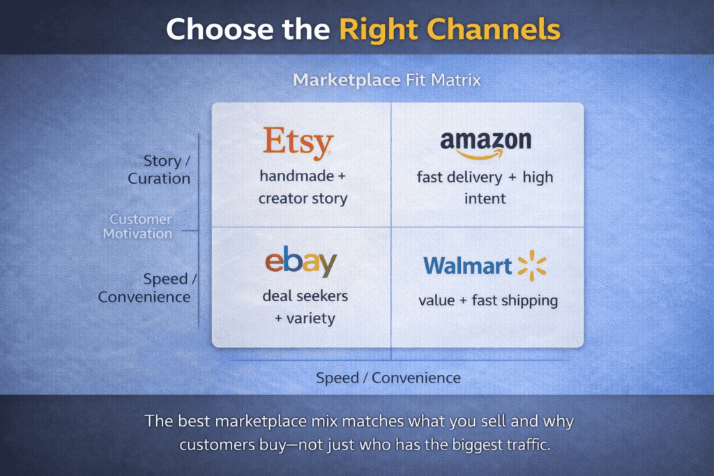 Fit matrix showing which marketplaces align with generic versus unique products and different buyer motivations