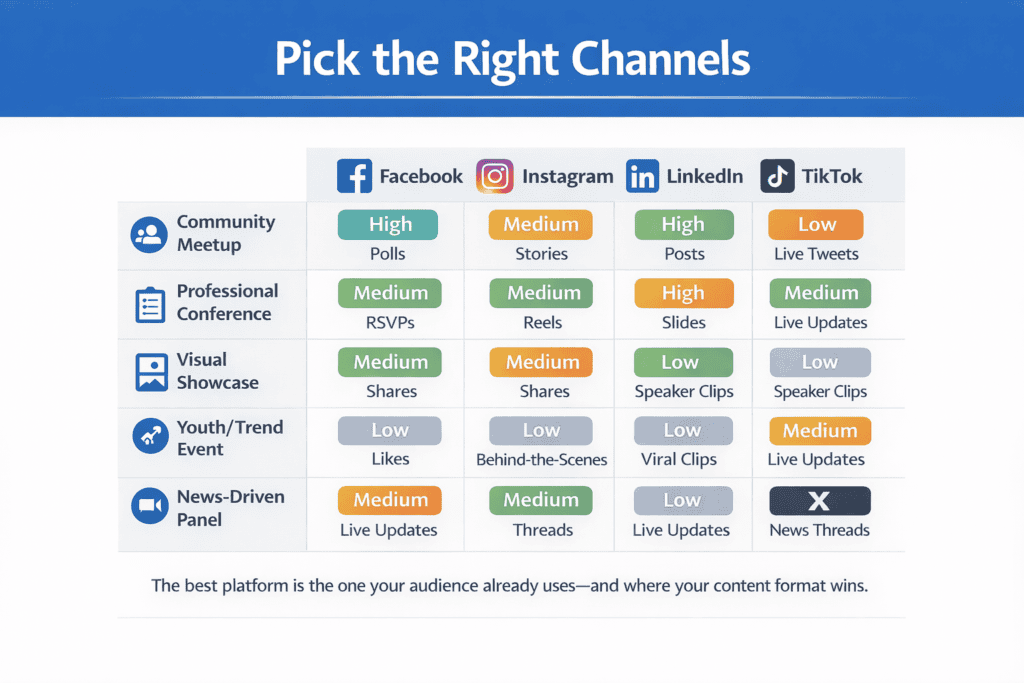 Decision matrix showing which social platforms fit different event types and content formats