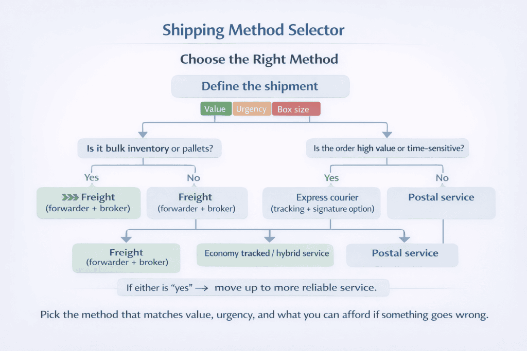 Decision tree showing how to choose between postal, tracked courier, express courier, and freight based on value and urgency