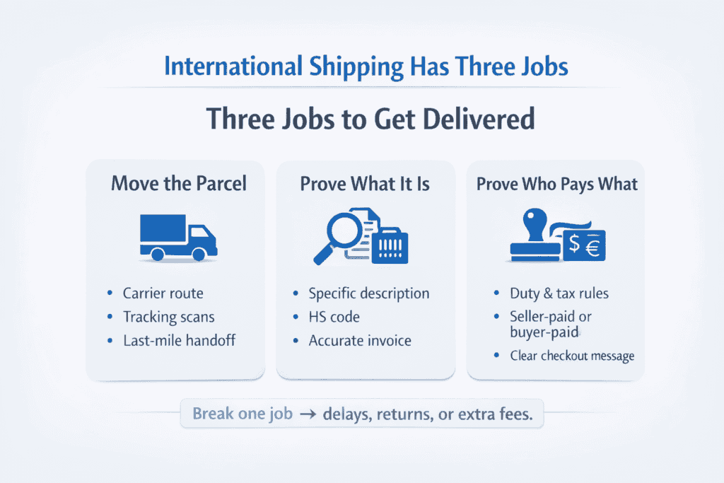 Three-panel infographic showing that international shipping must move the parcel, verify the goods, and assign who pays import charges