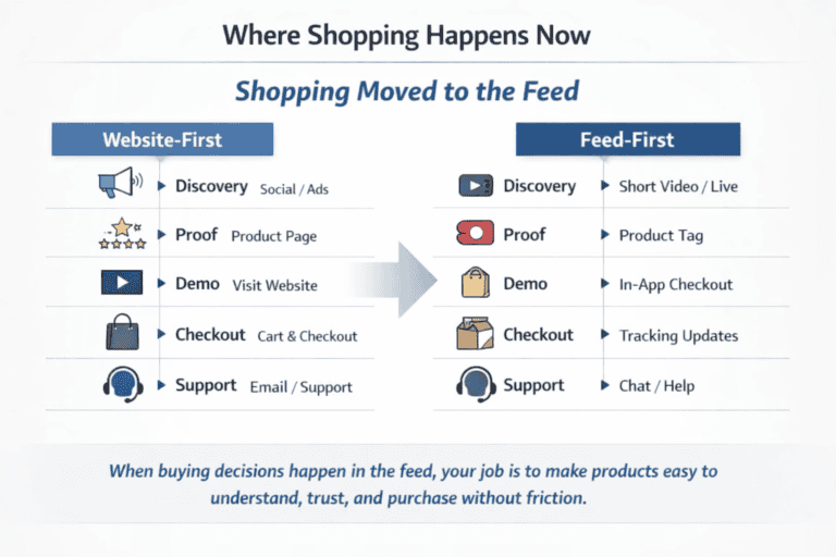 Side-by-side flow diagram showing a shift from website-first shopping to feed-first shopping with discovery, proof, demo, checkout, and support steps