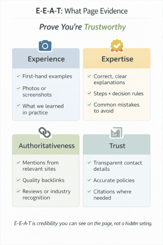 Four-quadrant checklist showing experience, expertise, authoritativeness, and trust with examples of page evidence