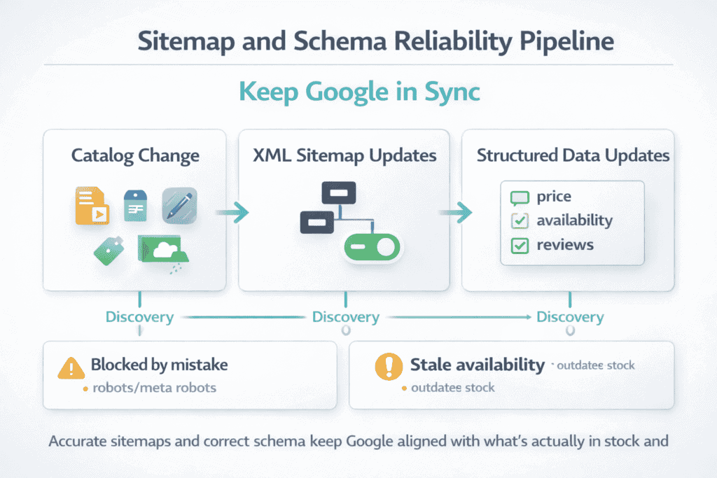 Pipeline showing how product updates feed sitemaps and structured data so search engines receive accurate information