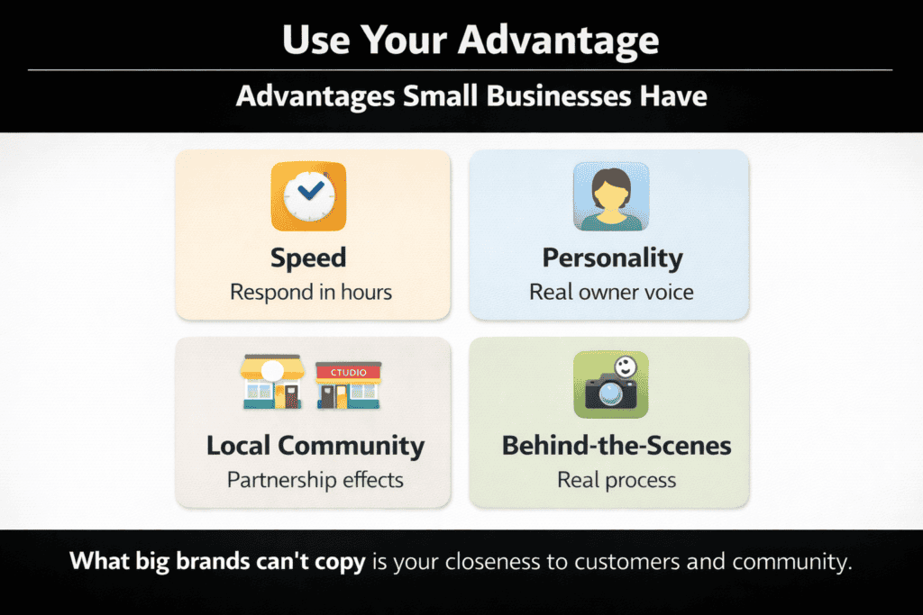 Four-tile infographic showing small business social media advantages including speed, personality, local community, and behind-the-scenes authenticity