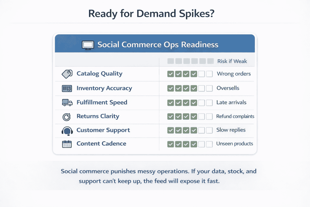 Checklist scorecard showing readiness for social commerce across catalog quality, inventory accuracy, fulfillment speed, returns clarity, support, and content cadence