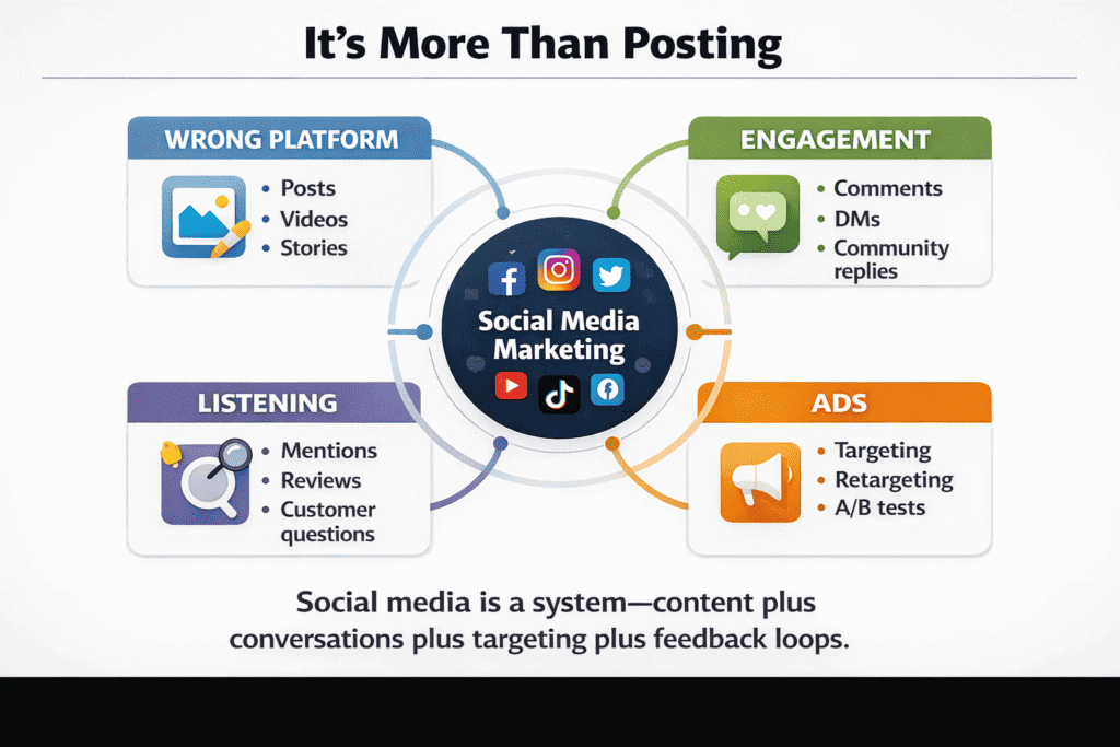 Diagram showing social media marketing as content creation, engagement, advertising, and monitoring customer conversations