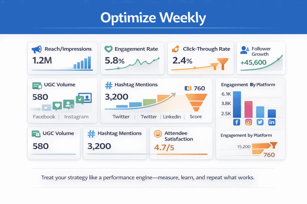 Dashboard showing key event social media metrics including reach, engagement, clicks, growth, and conversions