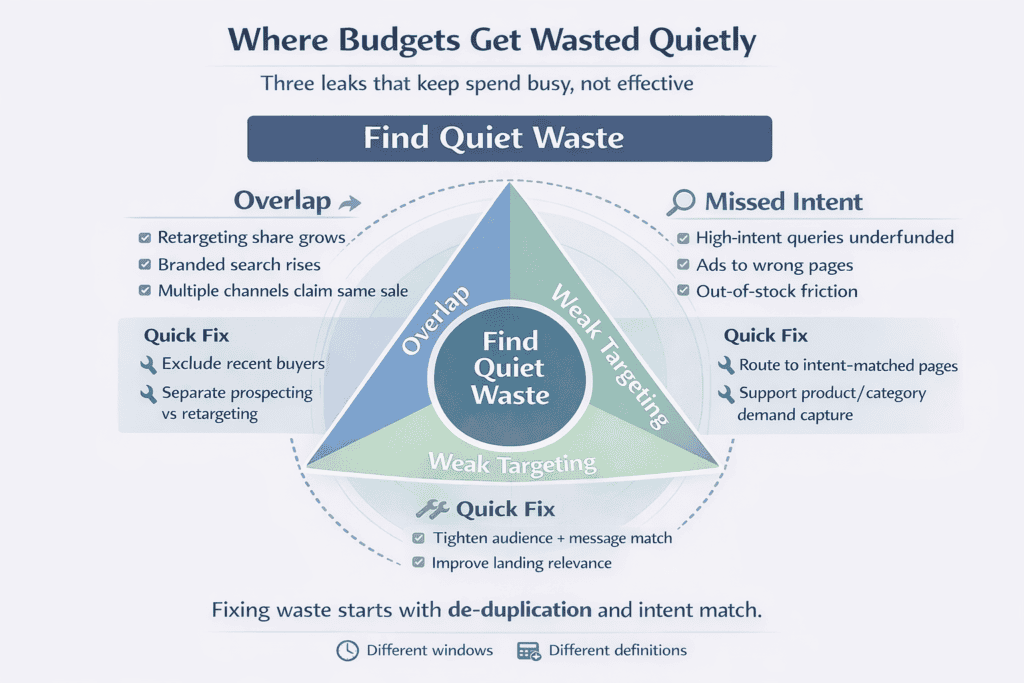 Radar-style infographic showing overlap, weak targeting, and missed intent as common sources of wasted marketing spend with signals and fixes