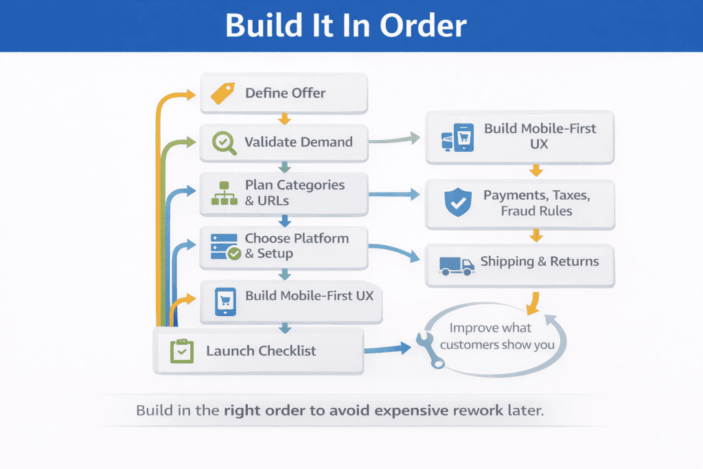 Flowchart showing the recommended order for building an ecommerce store from offer to launch and improvement