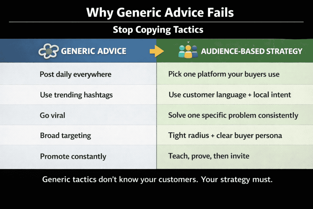 Comparison table showing generic social media advice versus audience-based strategy choices