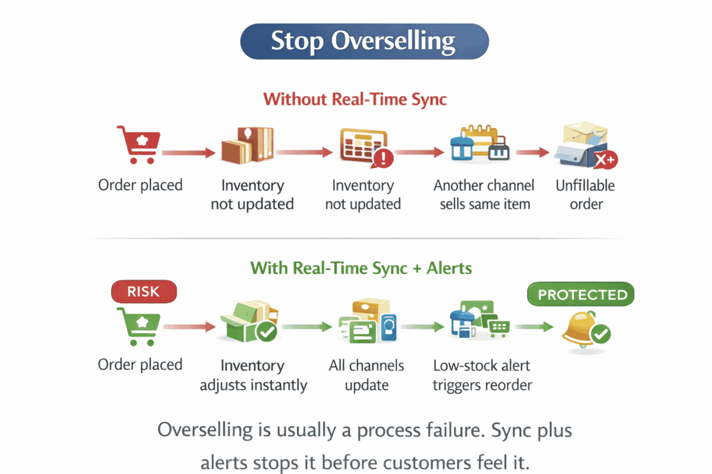 Flow diagram showing how real-time inventory updates and low-stock alerts prevent overselling