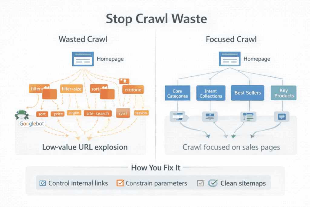 Diagram showing search engine crawl activity focused on core pages versus wasted on low-value parameter and search URLs