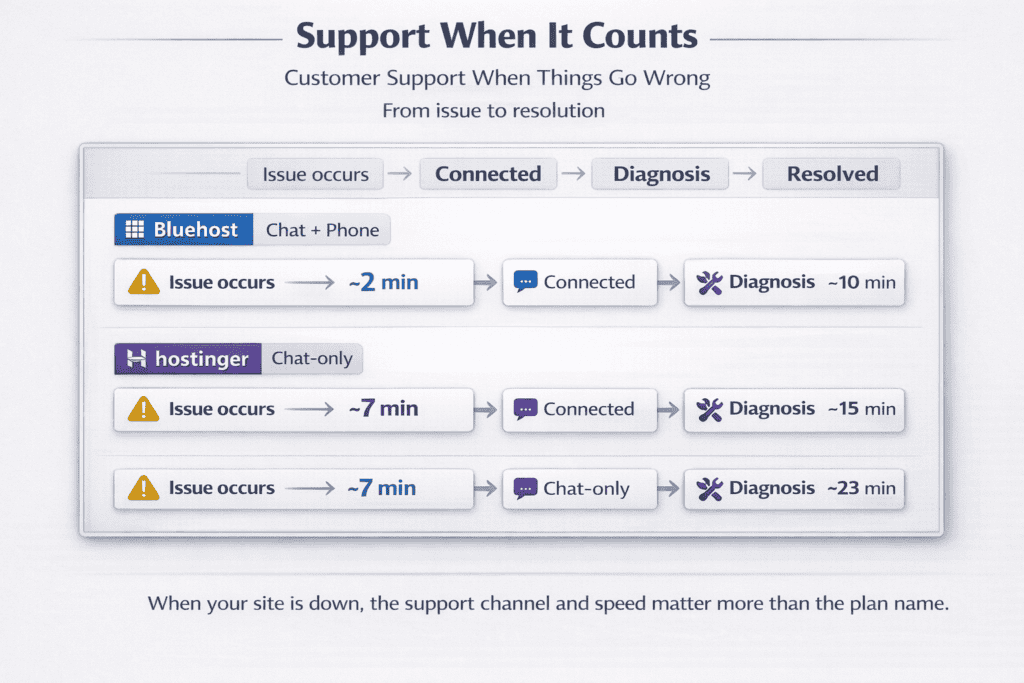 Two-lane timeline showing differences in connection time, diagnosis time, and resolution time for hosting support