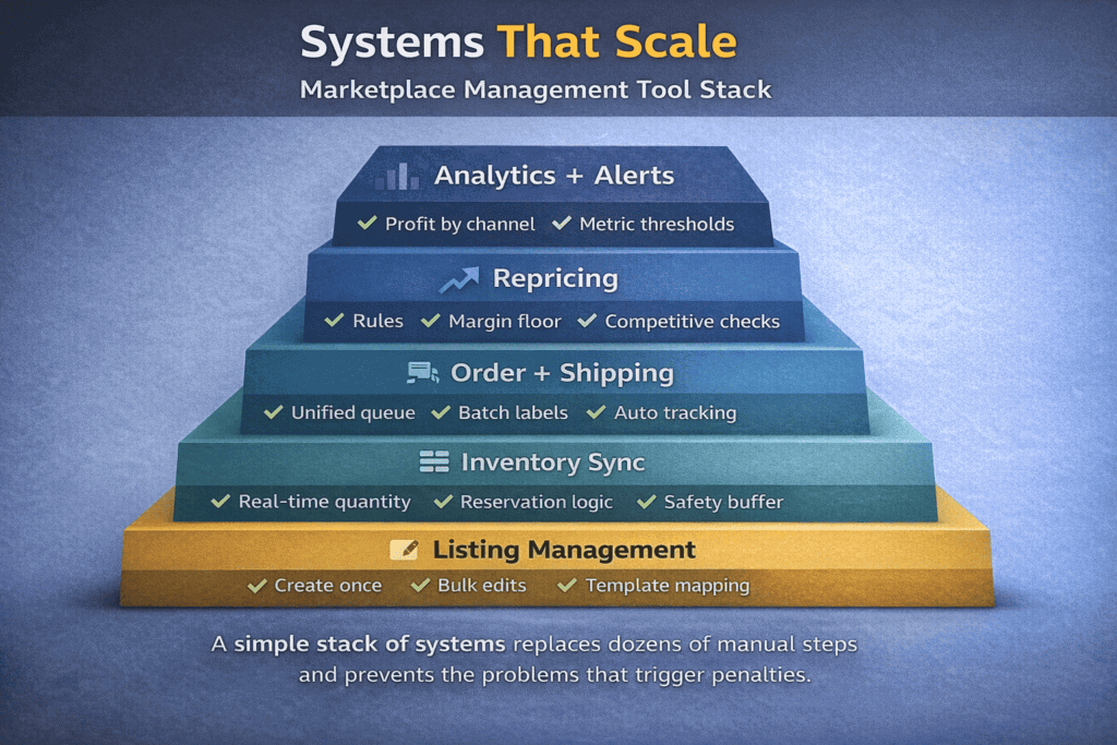 Layered diagram showing the marketplace management tool stack from listings and inventory to orders, pricing, and analytics