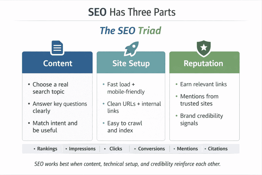 Three-part framework showing SEO elements content, site setup, and reputation with examples under each