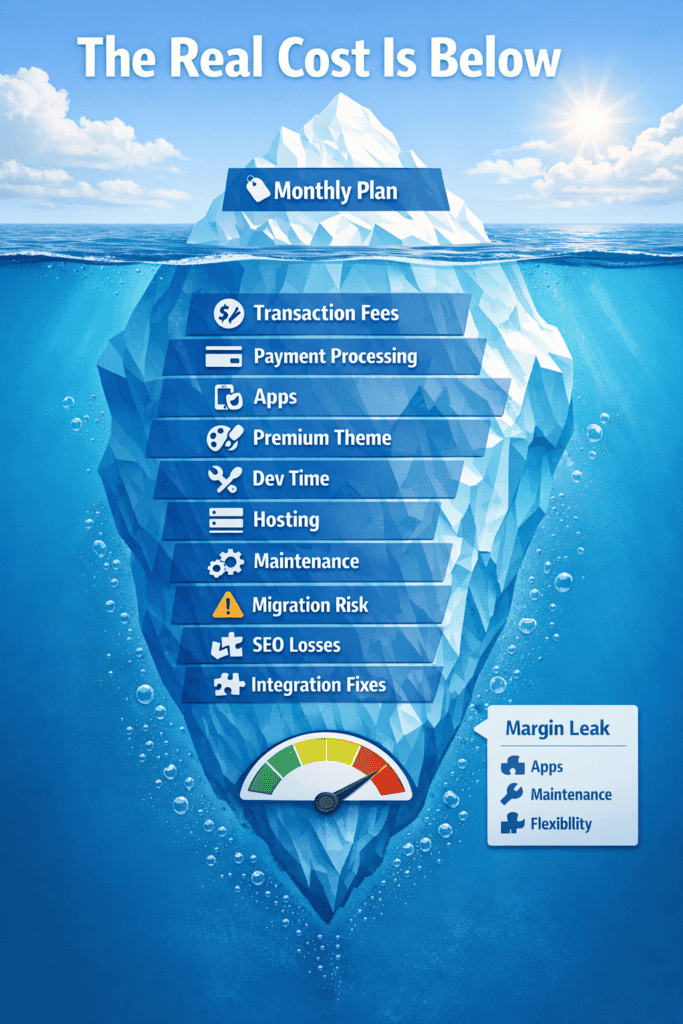 Iceberg graphic showing that monthly plan price is only a small part of total ecommerce platform cost File Name: ecommerce-platform-hidden-cost-iceberg