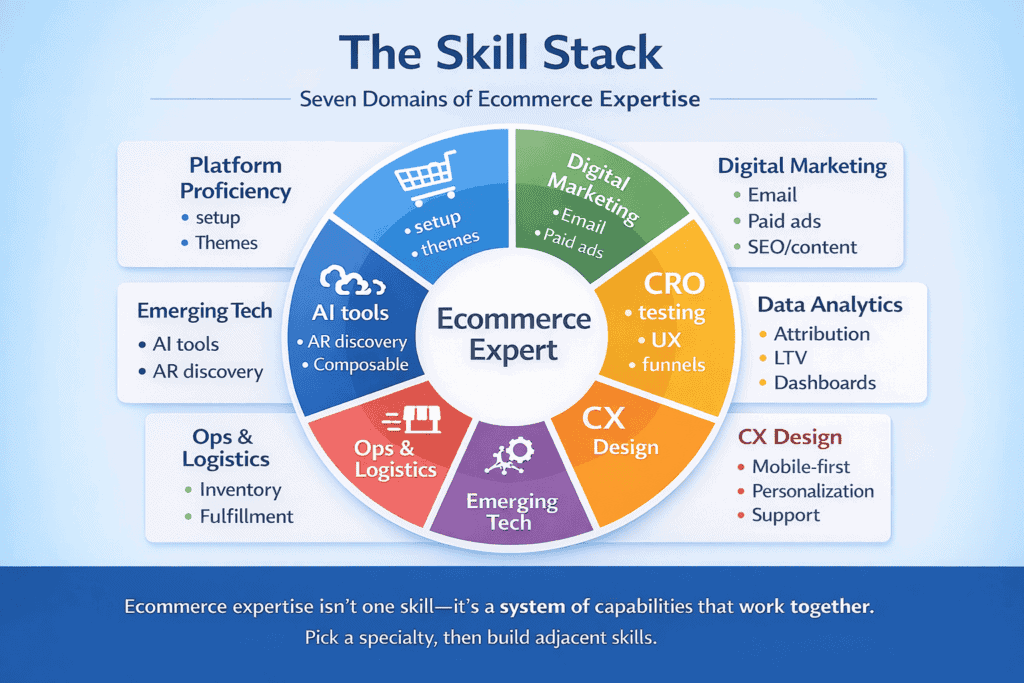 Skill wheel showing seven domains that define ecommerce expertise including platform, marketing, CRO, analytics, customer experience, operations, and emerging tech