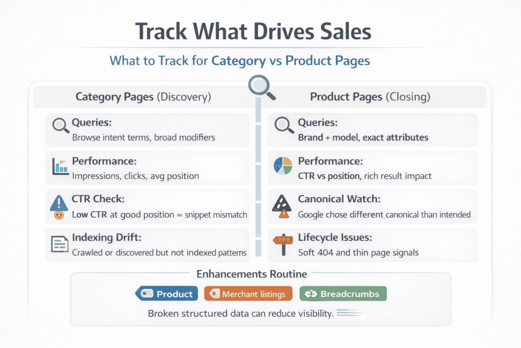 Scorecard comparing what to monitor for category pages and product pages in a search performance and indexing tool