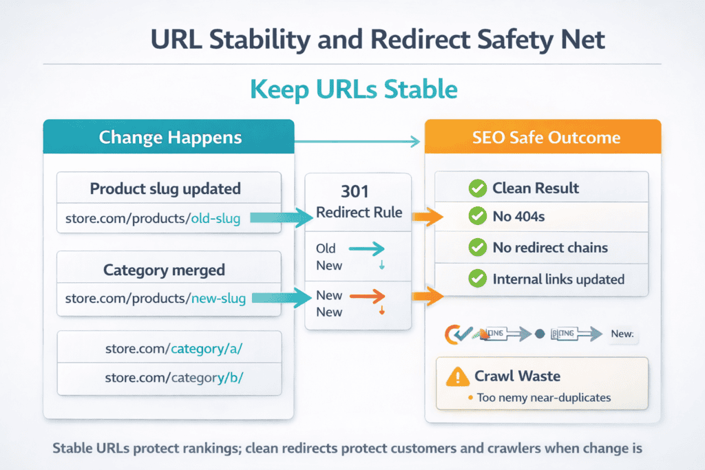 Diagram showing stable ecommerce URLs and clean 301 redirects when products or categories change