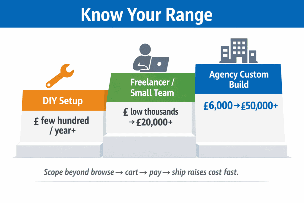 Three-tier ladder showing ecommerce build options from DIY to freelancer to agency with price ranges in pounds