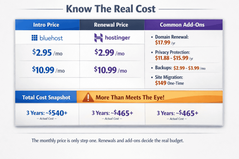 Infographic comparing introductory pricing, renewal pricing, and common add-on fees for two web hosting providers