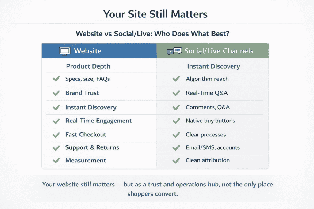 Comparison table showing the roles of a website versus social and live channels across trust, depth, conversion, community, support, retention, and attribution