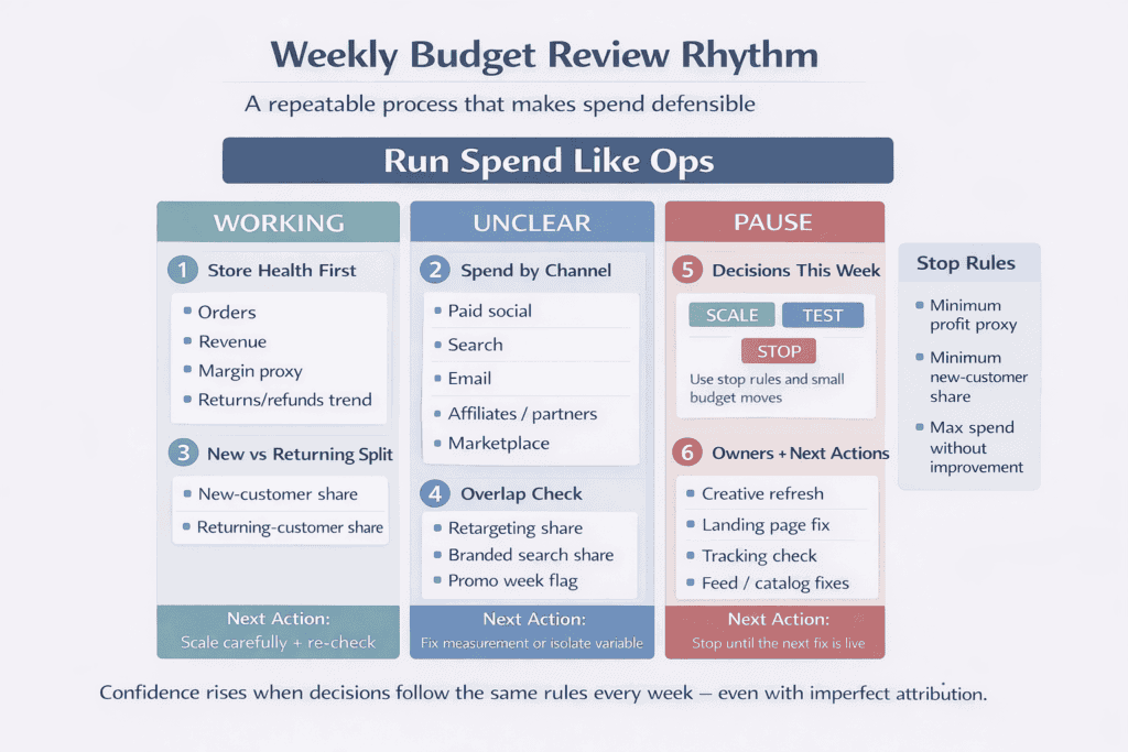 Weekly marketing budget review scorecard showing store health checks, channel performance, new versus returning customers, overlap checks, and weekly decisions