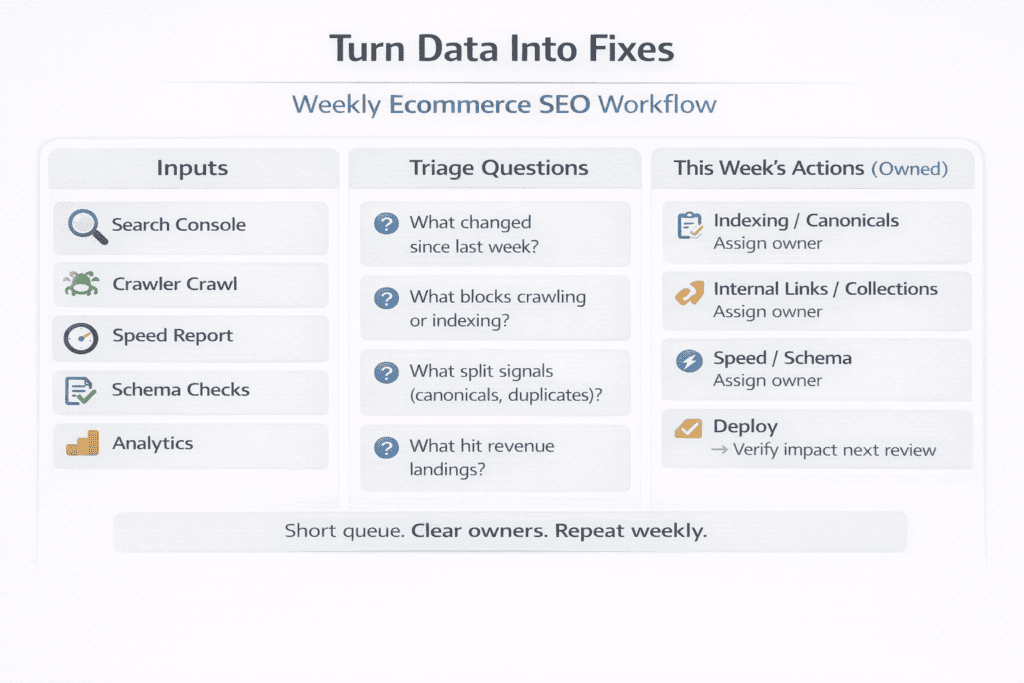 Workflow board showing a weekly process that converts SEO data into assigned tasks and confirmed outcomes