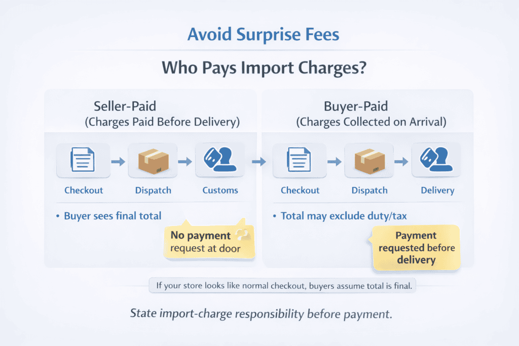 Side-by-side comparison of seller-paid versus buyer-paid import charges and how the buyer experiences checkout and delivery