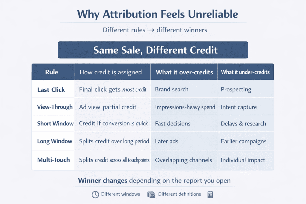 Comparison table showing how different attribution rules assign credit differently to the same customer journey