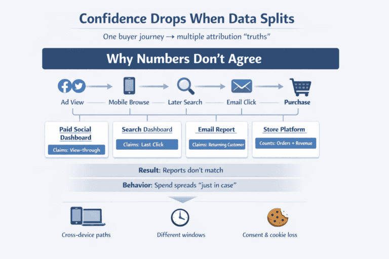 Flow diagram showing one customer journey being counted differently across marketing platforms and store reporting, leading to low confidence in spend decisions