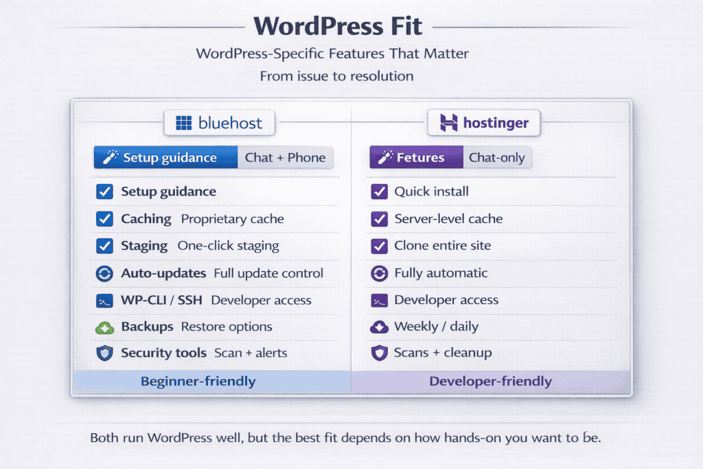 Feature stack comparison highlighting WordPress setup, caching, staging, updates, and developer tools across two hosting providers