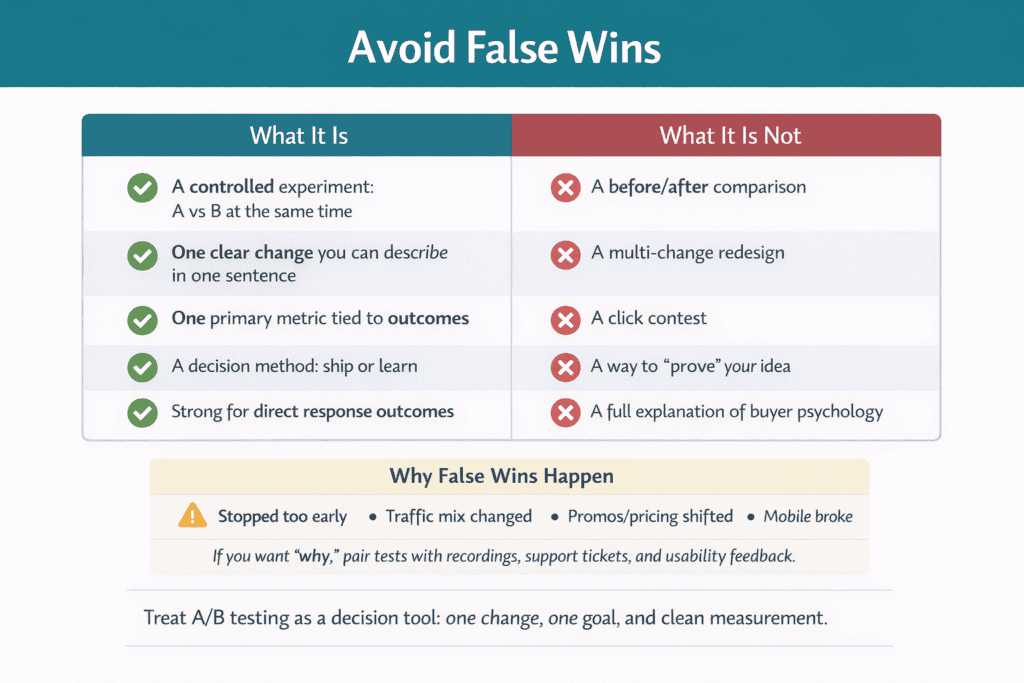 wo-column table explaining what A/B testing is and what it is not with false-win warnings