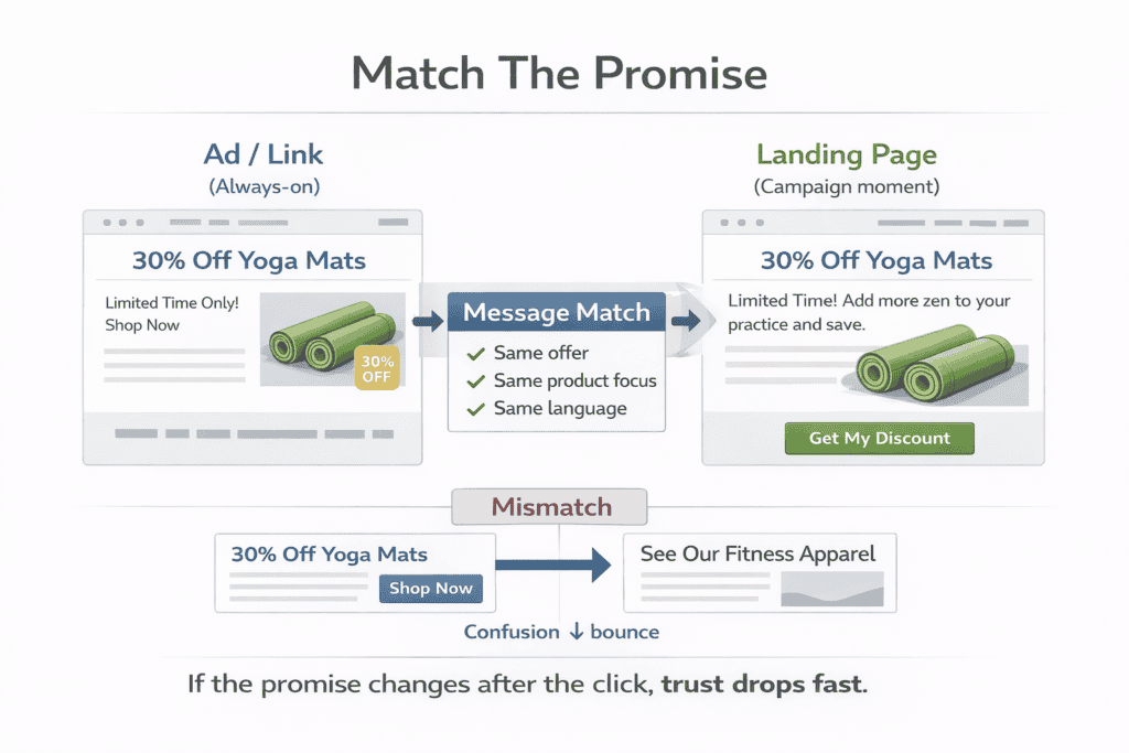 Diagram showing how matching ad messaging to landing page messaging maintains trust and reduces drop-off