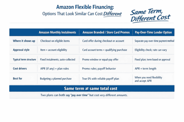 Comparison table showing three Amazon financing types and how they differ in approval, terms, and total cost drivers